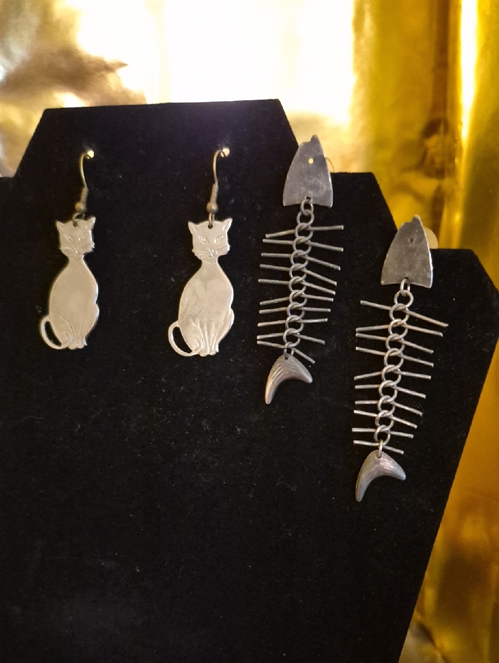 Silver Cat and Fishbone Dangle Earrings - Silver Tone